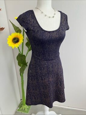 Vintage Y2K Sparkly Metallic Copper & Navy Cap Sleeve Mini Skater Dress